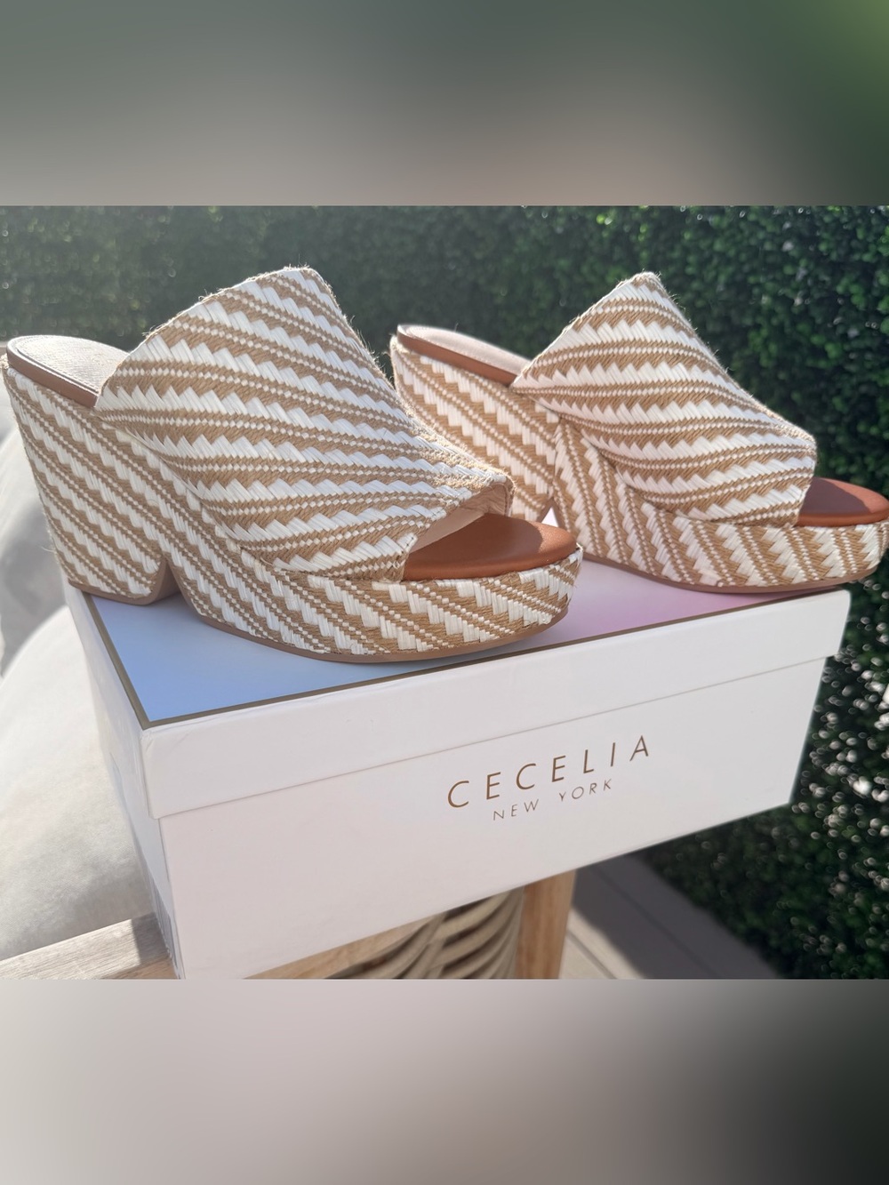 CECELIA Raffia Wedge Sandals / Woven Beige & White Platform Mules - NEW IN BOX
